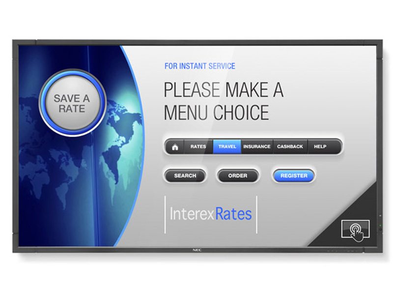 40 Inch Singletouch Display - NEC MultiSync P403 DST (New) showing InterexRates menu with options for rates, travel, insurance, cashback, and help; Save a Rate button and world map graphic displayed on the left—perfect interactive screen for financial services.