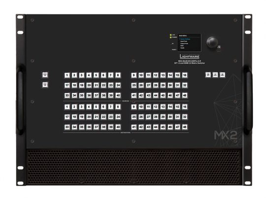 Front view of the Lightware MX2 48x48 HDMI matrix router showing a black rectangular device with clearly labeled, numbered input and output buttons, LED indicators, a central digital display screen, a control knob for navigation, and sturdy handles on both sides for rack mounting.