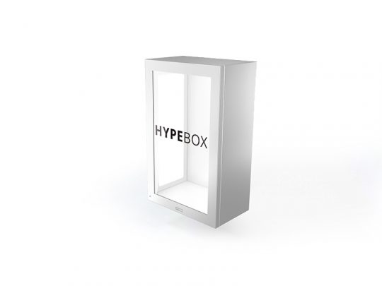 43 Zoll Full HD Hypebox Touch - Screensource HBT4310P product image showing a new, white rectangular display case with a transparent front panel labeled HYPEBOX in bold black text, set against a plain white background. Ideal for showcasing products interactively with touch functionality.