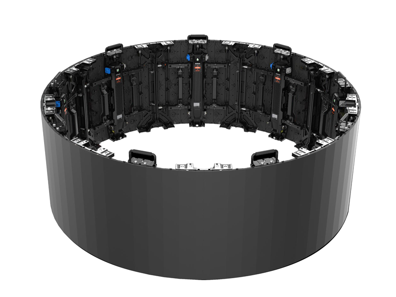 LED Wall Module 2.6mm – Unilumin URMIII 2.6 MK2 Pro Flex XS: Large circular black LED display module made from vertically arranged panels with a smooth exterior, forming a ring shape and partially exposing internal electronic components.