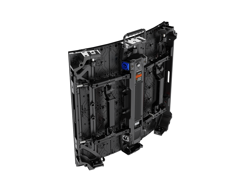 Back view of Unilumin URMIII 2.6 MK2 Pro Flex XS LED Wall module 2.6mm, featuring a black rectangular panel with a top handle, visible internal structure, blue connection port, and orange label near the center for easy identification.