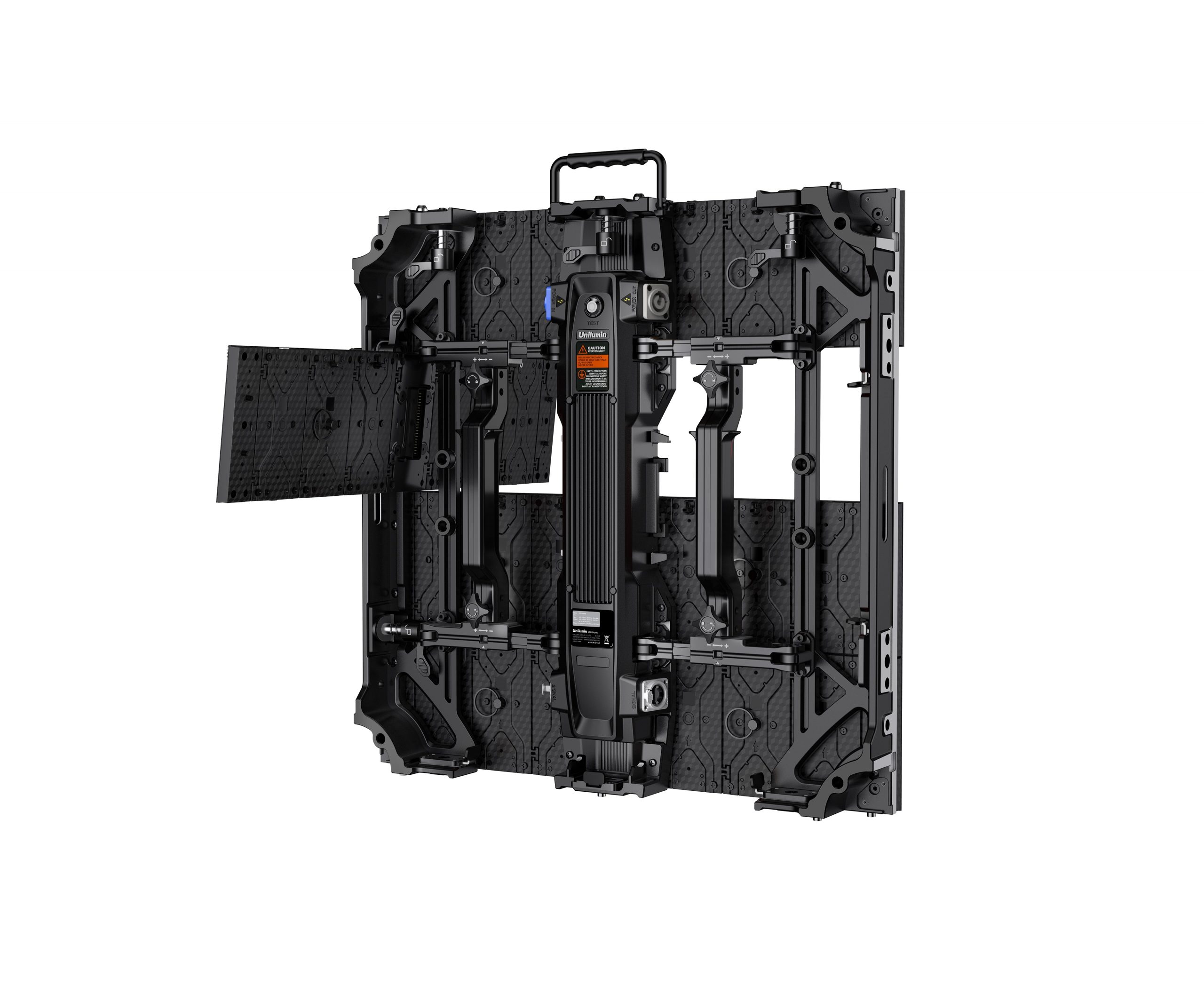 Unilumin URMIII 2.6 MK2 Pro Flex XS LED wall module, black rectangular panel with 2.6mm pixel pitch, textured back, visible handle on top, and exposed framework shown on a white background.