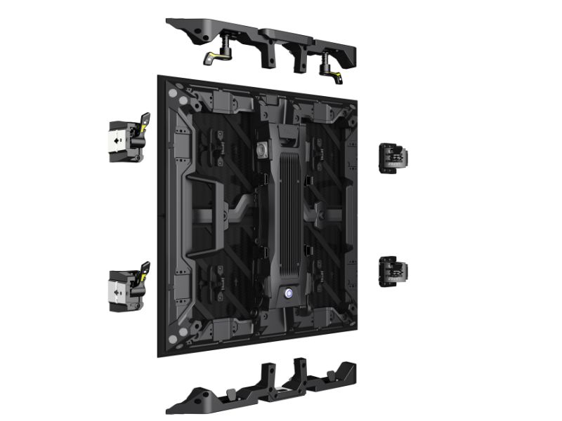 Unilumin URMIII 2.6 MK2 Pro 45° XC LED wall module—black, rectangular 2.6mm pixel pitch display—with separated internal and external components arranged around the main unit on a white background, highlighting the product’s modular design and parts for purchase.