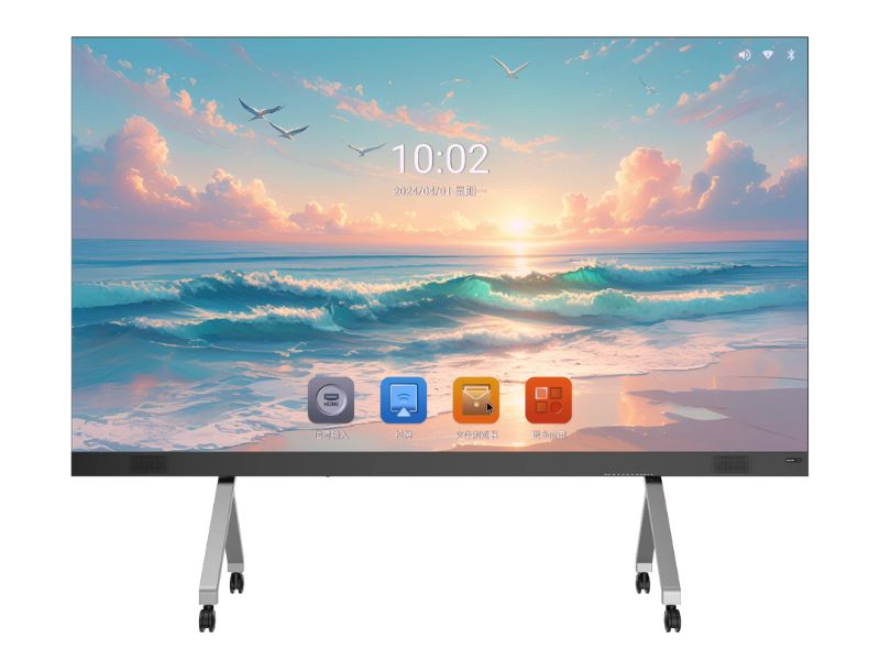 Samsung Flip Pro digital smart display on wheels, showcasing a vibrant ocean sunset with waves, clouds, and birds. The large touchscreen features colorful app icons and a digital clock showing 10:02, ideal for interactive presentations and collaborative workspaces.
