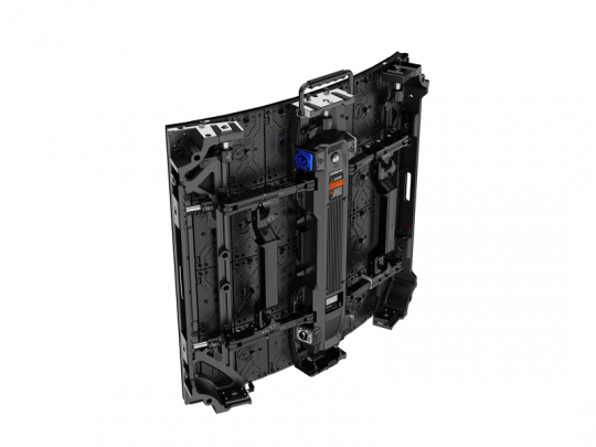Rear view of the Unilumin URMIII 2.6 MK2 Pro Flex XS Rent LED wall module, showing black and metallic internal structure with a visible support frame, control box, handle, and mounting parts; pixel pitch is 2.6mm for high-resolution display.