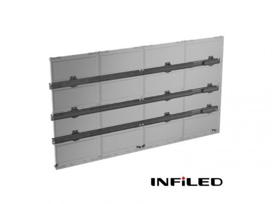 INFiLED transparent rectangular LED display panel with multiple clear sections, shown against a white background; INFiLED logo is visible in the bottom right corner.