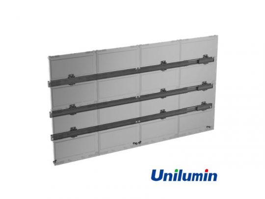Unilumin Transparent LED panel display with three horizontal black support bars, shown on a white background. The Unilumin logo appears in the bottom right corner in blue, with green, red, and blue dots on the letter i. Innovative see-through screen design for modern digital signage.