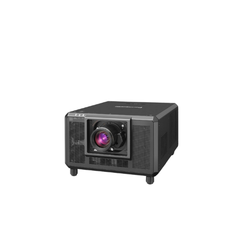 Black Logando projector with a large front-facing lens, rectangular case, side ventilation grilles, and four small legs, displayed on a plain white background.