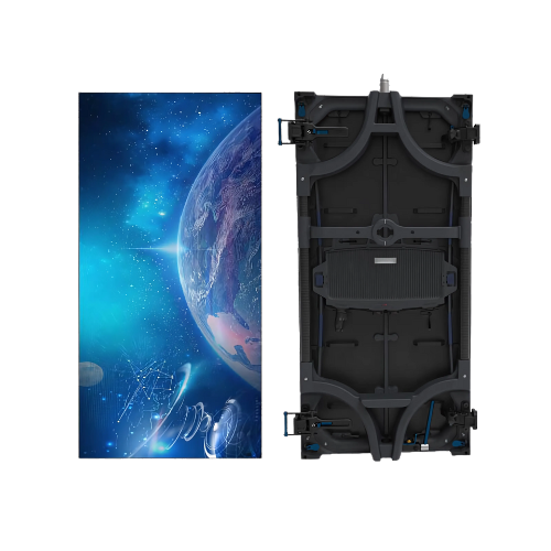 Two views of a Logando LED display panel—front view shows a vivid space scene with a glowing planet and blue cosmic background, while the rear view displays the robust hardware and sturdy mounting frame of the LED screen.