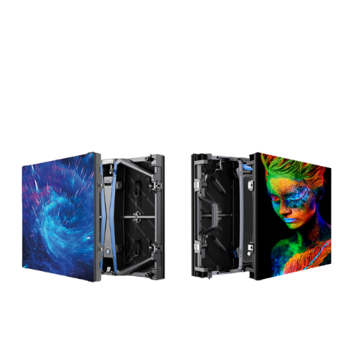 Three Logando LED display panels are shown. The first panel displays a swirling blue vortex, the second is angled to highlight the Logando frame and internal components, and the third shows a vibrant digital portrait with vivid green, orange, and blue face effects—illustrating high-resolution digital signage capabilities.