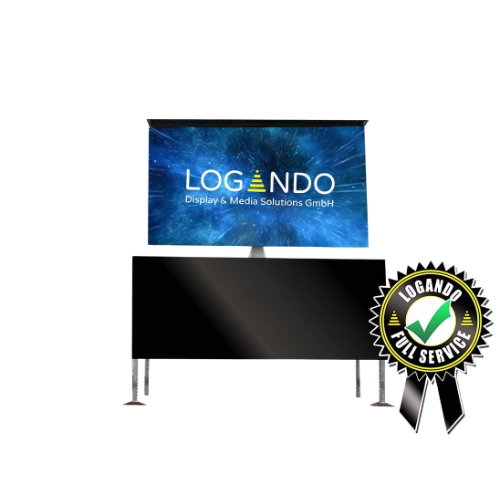 Display screen showing the Logando Display & Media Solutions GmbH logo on a blue cosmic background, with a black ribbon badge in the bottom right corner that says LOGANDO FULL SERVICE alongside a green check mark. SEO-optimised variant (if you prefer): Logando Display & Media Solutions GmbH display screen featuring the company logo on a blue cosmic background, and a black ribbon badge in the lower right reading LOGANDO FULL SERVICE with a green check mark.