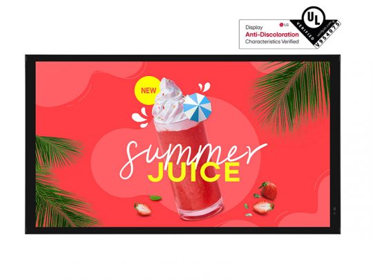 Digital display ad featuring a glass of red summer juice topped with whipped cream and a small paper umbrella, set against a vibrant red background with palm leaves and fresh strawberries. Text on the image reads NEW SUMMER JUICE. An UL anti-discoloration badge appears in the corner. Perfect for promoting refreshing summer drinks.