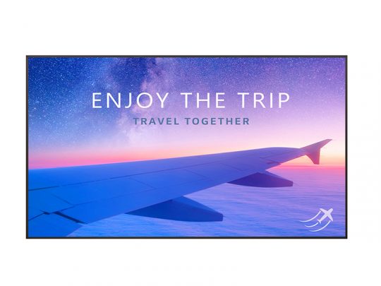 View from an airplane window showing a wing above soft clouds at sunset, with the text “ENJOY THE TRIP TRAVEL TOGETHER” and a small travel company logo in the corner. Perfect for airline or travel agency promotions.