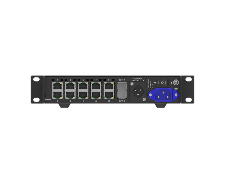 Rear view of the Novastar CVT10-S LED LWL-Konverter 10fach, showing a black panel with eight Ethernet ports, two OPT ports, a power connector, and a power switch; new product.