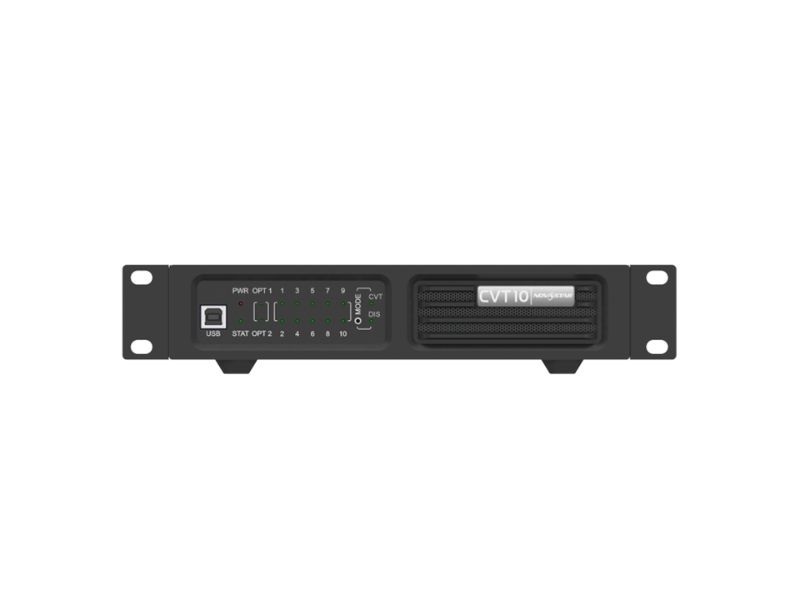 Front view of the CVT10 rack-mounted device, model Import placeholder for 83390. The black unit features LED indicators, control buttons, a USB port, a ventilation grid, and “CVT10” clearly labeled on the right side—ideal for professional AV or network use.