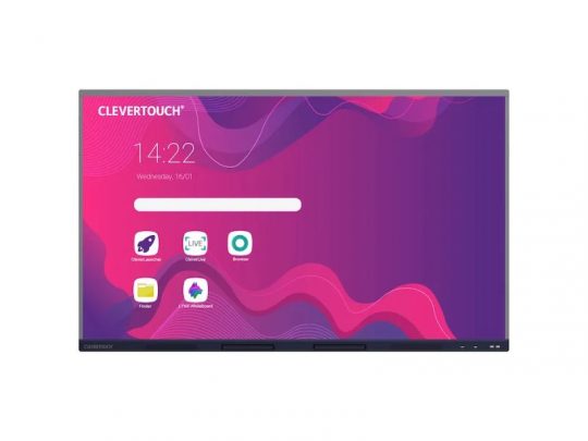 Clevertouch Interactive Display Screen showing a vibrant purple and pink abstract background, digital clock reading 14:22, date Wednesday, 16/01, and app icons for CleverLauncher, Live, Browser, Files, and Whiteboard. Ideal for classrooms or offices requiring a touchscreen smart board.