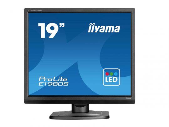 Black iiyama ProLite E1980S 19-inch LED monitor front view, showing a blue screen with white text 19, iiyama, ProLite E1980S and a colorful LED logo.