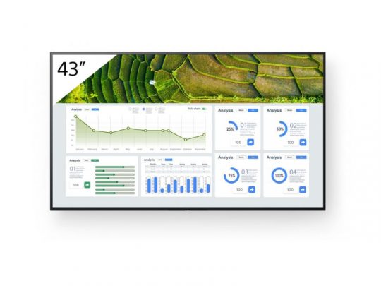 43-inch wall-mounted digital display monitor showing a data dashboard with various colorful graphs, charts, and statistics; the top left corner displays “43” and the top section features an aerial image of vibrant green terraced fields. Ideal for business analytics or office presentations.