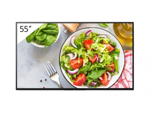 55-inch TV screen showcasing a colorful salad with lettuce, tomato, red onion, and spinach in a bowl; nearby are a fork, a bowl of fresh spinach, olive oil bottle, and a red-striped napkin. Perfect display for kitchen or healthy lifestyle enthusiasts.