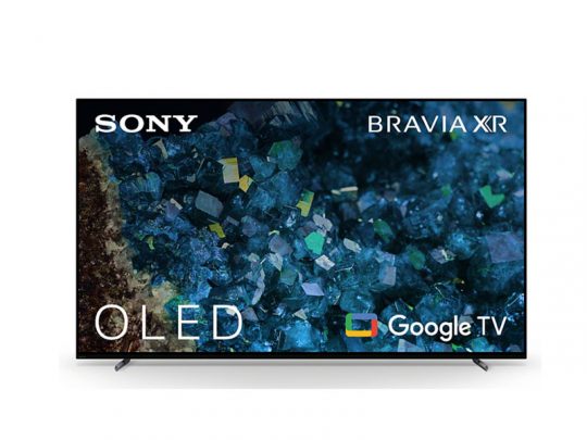 Sony Bravia XR OLED TV showing a vibrant, colorful display; Sony, Bravia XR, OLED, and Google TV logos are visible on the front of the sleek flat-screen television.