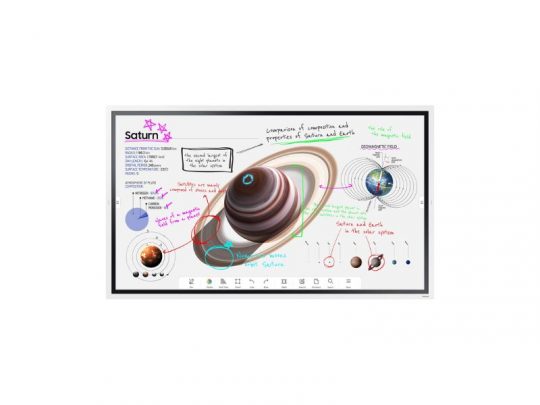 Interactive digital whiteboard showing educational diagrams and colorful handwritten notes about Saturn, including its composition, rings, and a size comparison to Earth. Ideal for classroom science lessons using digital whiteboards.