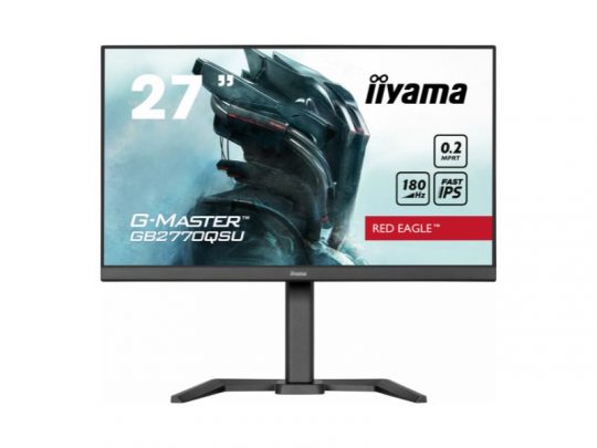 The iiyama GB2770QSU-B6 27 Inch Gaming Series Monitor displays a vivid image of a futuristic armored character on its screen. Key features highlighted are a rapid 0.2 ms response time, smooth 180 Hz refresh rate, and advanced Fast IPS technology, making it ideal for immersive gaming experiences.