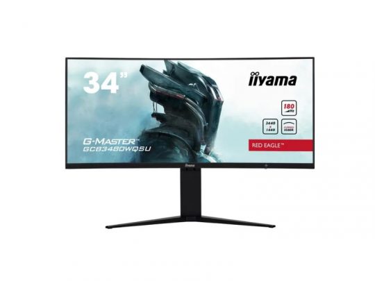 Product image of the iiyama GCB3480WQSU-B1 34 Inch Gaming Series Monitor, showing the monitor displaying key specs—180Hz refresh rate and 3440x1440 resolution—on screen, with a futuristic armored figure featured on the ultra-wide display.