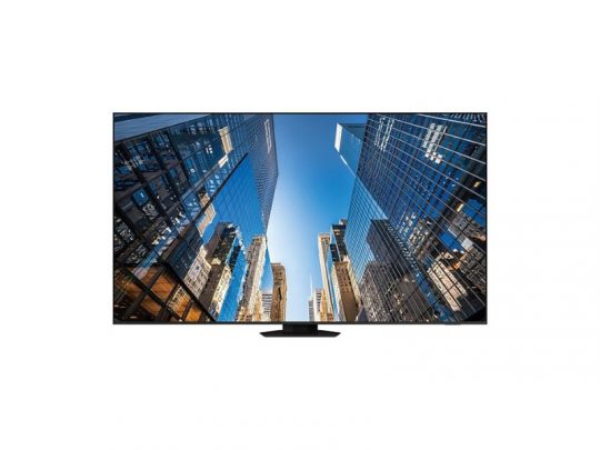Flat-screen TV displaying high-definition image of modern glass skyscrapers reflecting blue sky; product is ideal for realistic and vibrant viewing experiences.