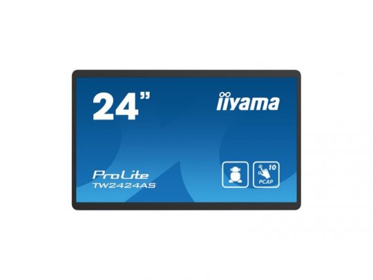 Iiyama TW2424AS-B1 24 inch FHD touch monitor with blue display screen, showing the brand name, model number, and icons for touch and PCAP technology. New widescreen product with slim bezels ideal for interactive use.