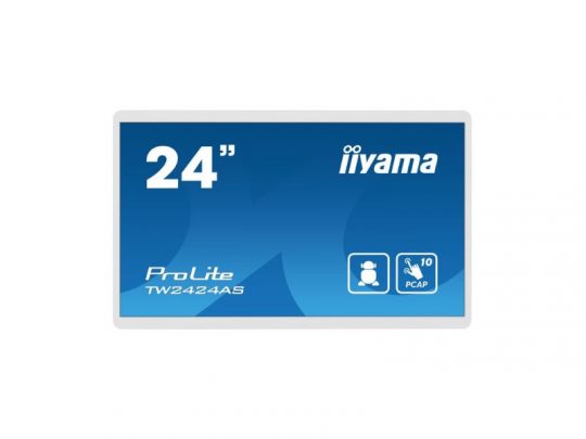 Iiyama TW2424AS-W1 24 Inch FHD Touch Monitor with a blue display screen showing the iiyama logo, model name, and icons highlighting 10-point touch support and PCAP technology. The monitor has a slim white frame and modern design.