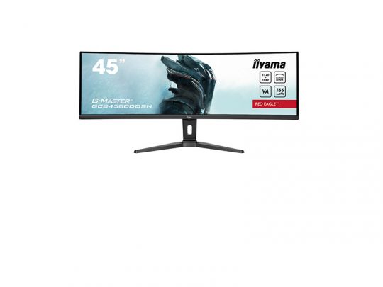 45-inch iiyama G-Master Red Eagle curved gaming monitor displaying a robotic figure, with VA panel, 165Hz refresh rate, and 1ms response time shown on the screen.