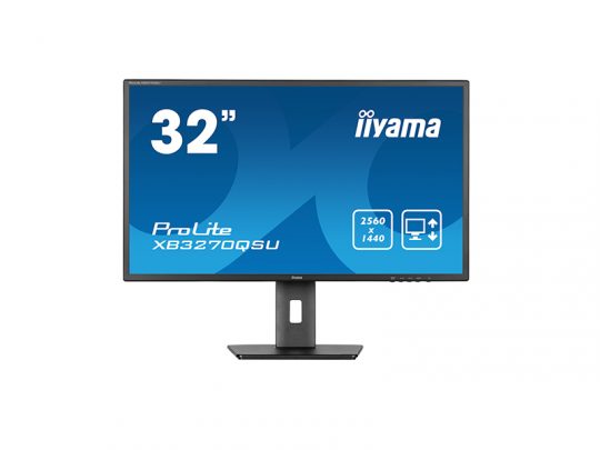 32-inch iiyama ProLite XB3270QS monitor on a stand, shown from the front with a blue background highlighting its size, 2560x1440 resolution, and screen features.