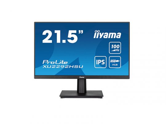 21.5-inch iiyama ProLite XU2292HSU monitor with ultra-thin bezels, shown from the front on a blue screen displaying key specs—100 Hz refresh rate, IPS panel, and built-in USB hub. Ideal for office or home use.