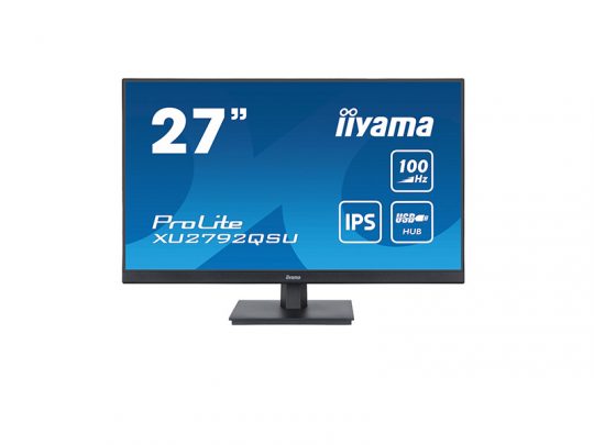 27-inch iiyama ProLite XU2792QSU computer monitor, front view on a white background; the blue screen displays key features: 100Hz refresh rate, IPS panel, and USB hub.