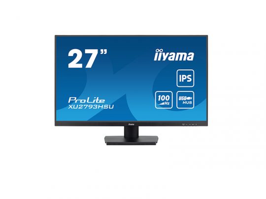 27-inch iiyama ProLite XU2793HSU computer monitor with slim bezels and a rectangular stand, shown with a blue screen displaying model information, 100Hz refresh rate, IPS panel, and USB hub icons. Ideal for office or home use.