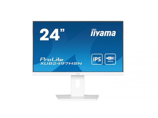 24-inch iiyama ProLite XUB2497HSN computer monitor with a slim white stand, featuring an IPS display and built-in docking port, displayed on a plain white background.