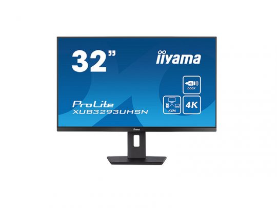 32-inch iiyama ProLite XUB3293UHSN monitor with a slim black stand, showing a blue screen that highlights features such as 4K UHD resolution, built-in docking station, and KVM switch.
