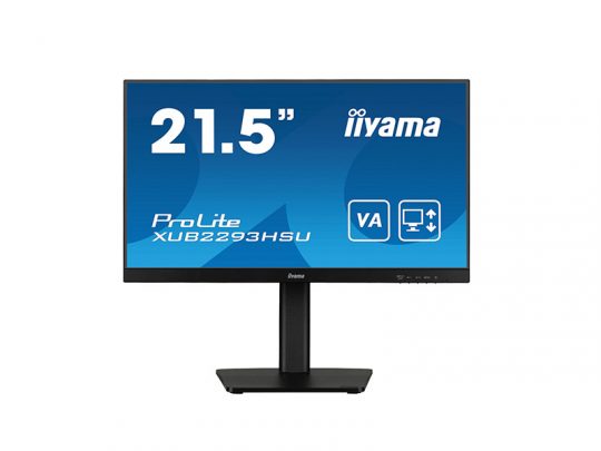 21.5-inch iiyama ProLite XUB2293HSU monitor with a slim black bezel and stand; screen shows blue background with specifications and VA panel icons, highlighting the displays features.