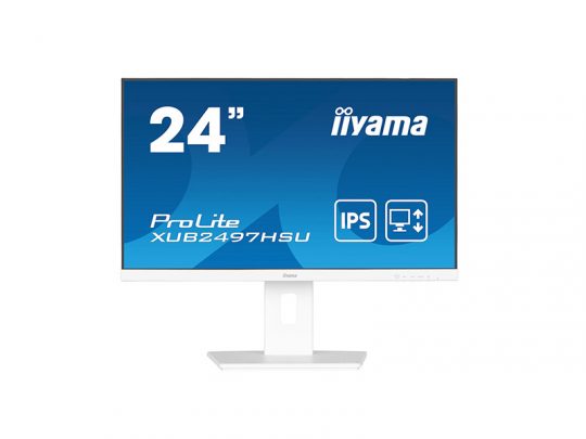 24-inch iiyama ProLite XUB2497HSU monitor with a slim white bezel and matching white stand, showing a blue screen with IPS technology features highlighted.