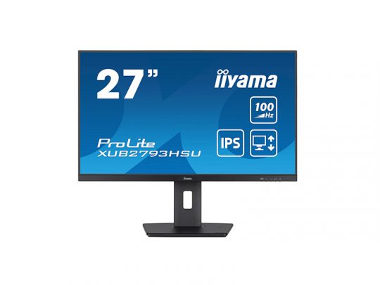 27-inch iiyama ProLite XUB2793HSU computer monitor on a stand, shown against a white background; the screen displays features like 100 Hz refresh rate and IPS technology on a blue background.