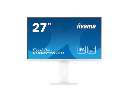 27-inch iiyama ProLite XUB2797HSU computer monitor with a slim white bezel and stand, showcasing an IPS display with a blue screen displaying product features.