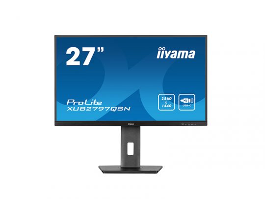 27-inch iiyama ProLite XUB2797QSN computer monitor on a rectangular stand, displaying a blue screen with product details such as 2560x1440 QHD resolution and USB-C compatibility; ideal for professional workspaces.