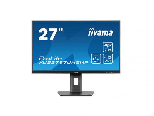 27-inch iiyama ProLite monitor (model XUB2797UHSNP) on a rectangular stand, displaying a blue screen with product specifications: 3840 x 2160 resolution, KVM switch, and USB dock.