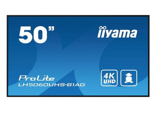 50-inch iiyama ProLite LH5060UHS-B1AG 4K UHD display screen shown against a blue background, with white text displaying the product name and key specifications.