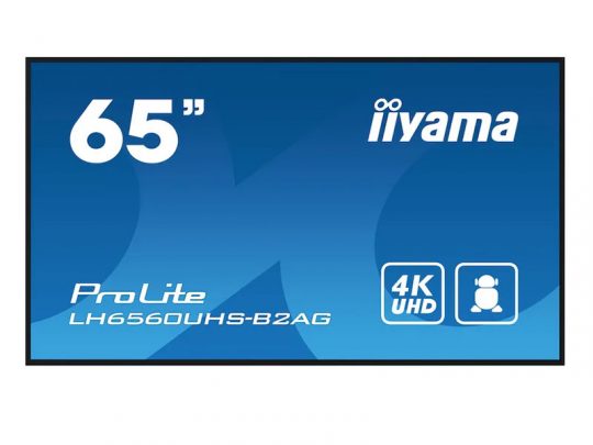 Iiyama ProLite LH6560UHS-B2AG 65-inch 4K UHD display monitor with a blue screen showing 65, brand name, and feature icons for ultra-high definition resolution and suitable for presentations.