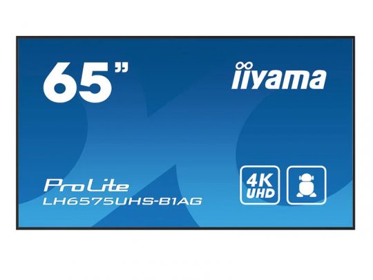 65-inch iiyama ProLite LH6575UHS-B1AG 4K UHD digital display screen showing model name, resolution, and a person icon on a blue background.