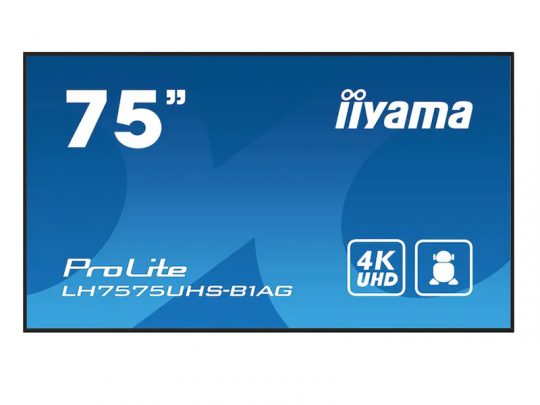 75-inch iiyama ProLite LH7575UHS-B1AG 4K UHD display screen with a blue background, showing the model name and 4K label on the screen.