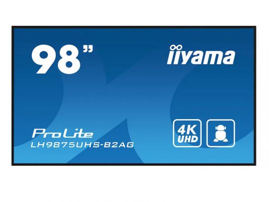 98-inch iiyama ProLite LH9875UHS-B2AG 4K UHD large format display with blue screen, 4K Ultra HD icon, and a person icon illustrating its size and clarity—ideal for professional and commercial use.