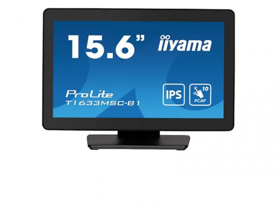 15.6-inch iiyama ProLite T1633MSC-B1 touchscreen monitor with IPS panel, shown on a black stand against a white background. The display features edge-to-edge glass and a modern, slim design.