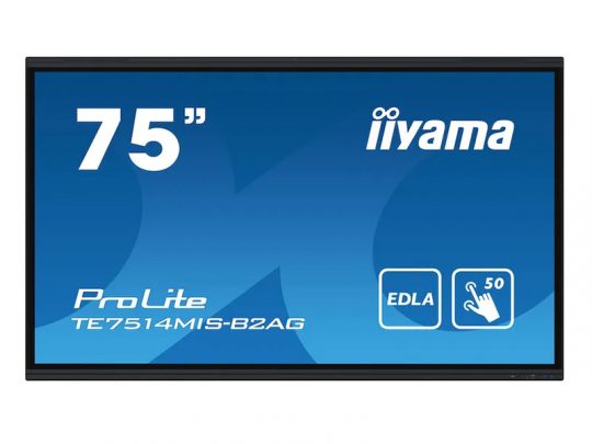 75-inch iiyama ProLite TE7514MIS-B2AG interactive display screen with EDLA and 50-point touch capability, shown upright on a blue background. The large flat-panel touchscreen features a slim black bezel and vivid display, ideal for collaborative presentations and classrooms.